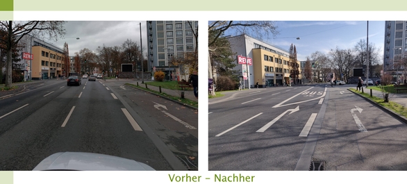 Piktogramme verdeutlichen, dass die Busspur auch für den Radverkehr freigegeben ist.