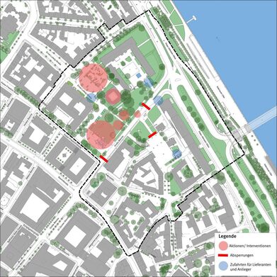 Lageplan mit Verortung der Aktionen, Absperrungen und Zufahrten