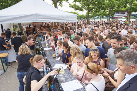 Besucherinnen und Besucher des Weinsalon Rheinhessen am Rheinufer